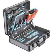 Bestückter Werkzeugkoffer aus Aluminium mit Zangen, Schraubendrehern und Steckschlüsselsatz.
