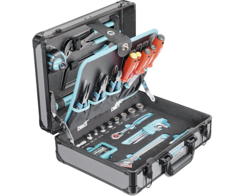 Bestückter Werkzeugkoffer aus Aluminium mit Zangen, Schraubendrehern und Steckschlüsselsatz.