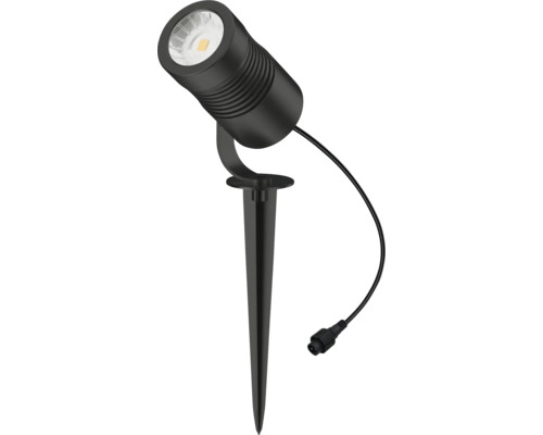 Projecteur de jardin à LED avec piquet de terre et câble de raccordement.
