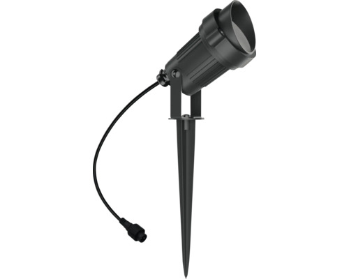 Projecteur de jardin noir avec piquet de terre, tête de lampe orientable et câble de raccordement pour l'extérieur.