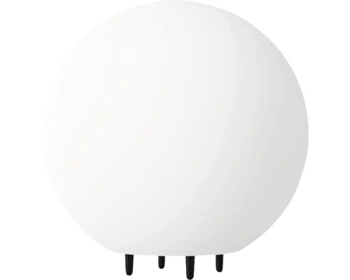 Lampe sphérique blanche pour l'extérieur avec des pieds noirs.