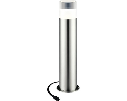 Borne lumineuse extérieure cylindrique en acier inoxydable avec câble d'alimentation.