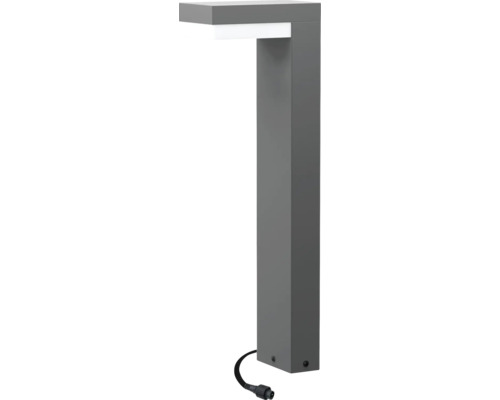 Luminaire de socle moderne en forme de L, métal anthracite avec diffuseur blanc et câble d'alimentation.