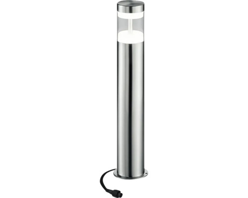 Borne lumineuse cylindrique en acier inoxydable pour l'extérieur avec source lumineuse intégrée et câble de raccordement.