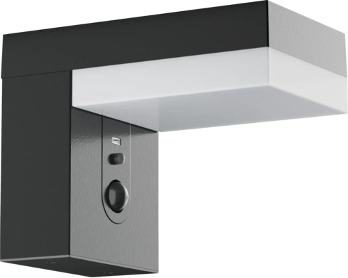 Applique murale d'extérieur rectangulaire moderne anthracite en métal et plastique avec détecteur de mouvement intégré.