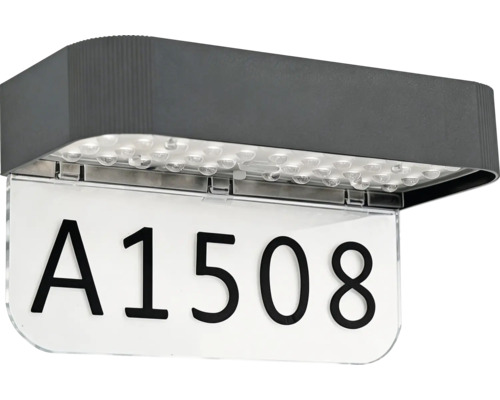 Applique LED pour numéro de maison couleur anthracite avec panneau transparent et numéro de maison noir.