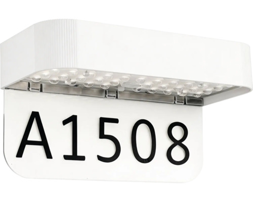 Éclairage de numéro de maison à LED avec boîtier blanc et plaque pour chiffres et lettres.