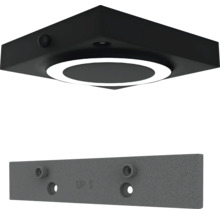 Schwarze quadratische Wandleuchte oder Deckenleuchte mit kreisförmigem LED-Licht und dazugehöriger Montageplatte.
