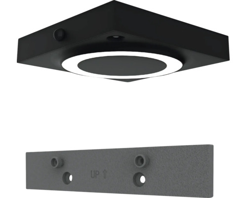 Applique murale ou plafonnier carré noir avec un éclairage LED circulaire et sa plaque de montage.