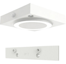 Weiße quadratische LED Deckenleuchte mit Bewegungsmelder, runder Lichtaustrittsfläche und Montageschiene.