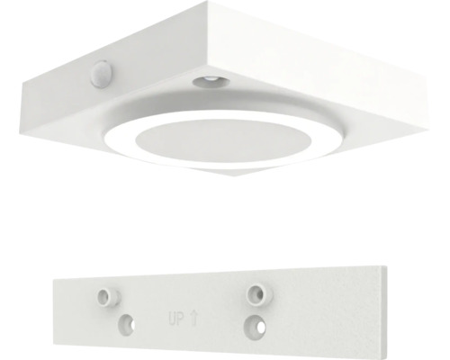 Plafonnier LED blanc carré avec détecteur de mouvement, surface lumineuse ronde et rail de montage.
