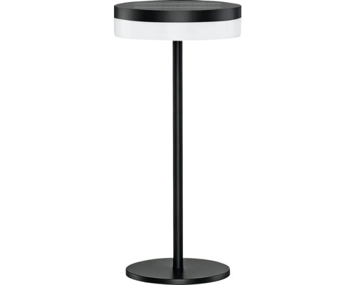 Lampe de table solaire noire pour l'extérieur avec un pied rond et un panneau solaire intégré sur le dessus.