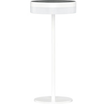 Weiße solarbetriebene LED-Tischleuchte mit rundem Standfuß und Solarmodul auf der Oberseite.