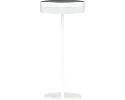 Lampe de table LED solaire blanche avec socle rond et panneau solaire sur le dessus.