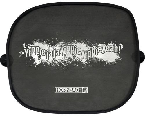 Sonnenschutz für das Auto mit Hornbach Logo und dem Schriftzug Yippie jaja yippie yippie yeah, inklusive Saugnäpfen zur Befestigung.