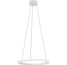 Suspension moderne blanche en forme d'anneau avec un design incurvé et trois câbles de suspension.