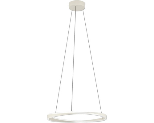 Suspension moderne blanche en forme d'anneau avec un design incurvé et trois câbles de suspension.