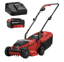 Tondeuse à gazon sans fil Einhell rouge comprenant une batterie Power X-Change de 4,0 Ampères-heures et un chargeur.