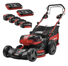Tondeuse à gazon sans fil Einhell avec quatre batteries, deux chargeurs doubles et sac de ramassage.