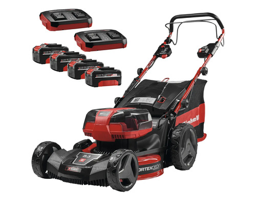 Tondeuse à gazon sans fil Einhell avec quatre batteries, deux chargeurs doubles et sac de ramassage.