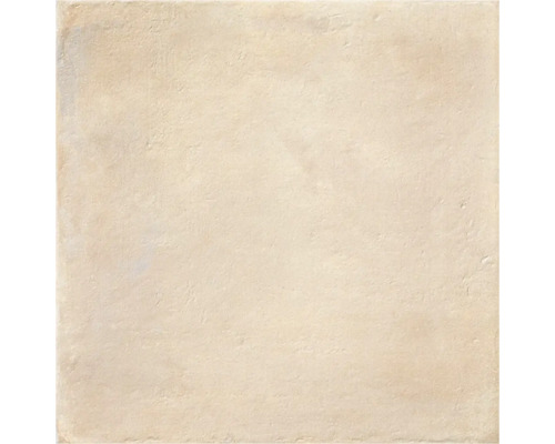 Quadratische, beige Bodenfliese aus Feinsteinzeug mit strukturierter Oberfläche in Steinoptik.