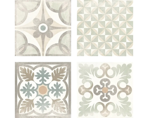 Set aus vier quadratischen Fliesen mit unterschiedlichen geometrischen und floralen Mustern im Vintage-Stil.
