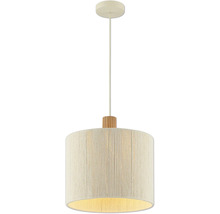 Moderne Pendelleuchte mit zylindrischem Lampenschirm aus gewickeltem Seil und Holzelement für den Innenbereich.