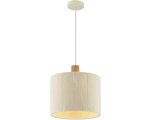 Moderne Pendelleuchte mit zylindrischem Lampenschirm aus gewickeltem Seil und Holzelement für den Innenbereich.