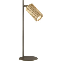 Lampe de table LED moderne avec abat jour cylindrique en lattes de bois sur un socle métallique rond