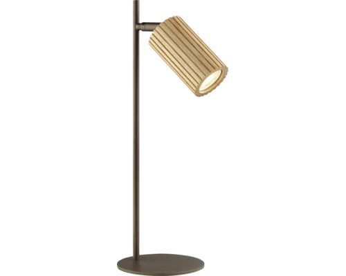 Lampe de table LED moderne avec abat jour cylindrique en lattes de bois sur un socle métallique rond