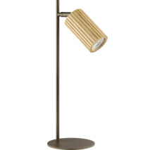 Lampadaire moderne avec abat jour cylindrique en lattes de bois et pied en métal.