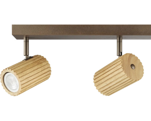Doppel Deckenstrahler mit gerillten Holz Lampenschirmen und metallischer Halterung