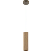Suspension avec abat-jour cylindrique en bois à structure à lattes verticales et fixation au plafond ronde avec câble.