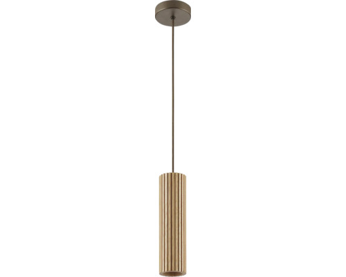 Suspension avec abat-jour cylindrique en bois à structure à lattes verticales et fixation au plafond ronde avec câble.