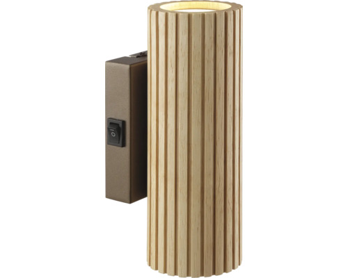 Applique murale de forme cylindrique avec corps en bois cannelé verticalement et interrupteur