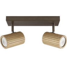 Zweiflammiger Deckenstrahler mit zylindrischen Leuchtenköpfen aus Holz und Metallhalterung zur Deckenmontage
