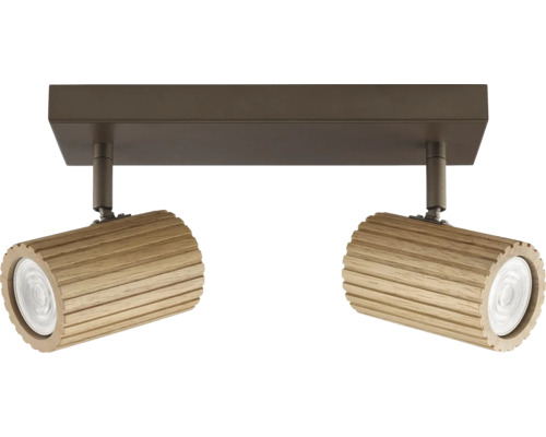 Zweiflammiger Deckenstrahler mit zylindrischen Leuchtenköpfen aus Holz und Metallhalterung zur Deckenmontage