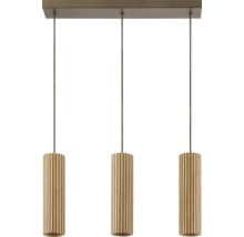 Suspension à trois flammes avec abat-jour cylindriques en bois à structure nervurée et rosace de plafond rectangulaire