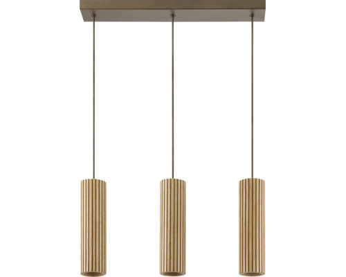 Suspension à trois flammes avec abat-jour cylindriques en bois à structure nervurée et rosace de plafond rectangulaire