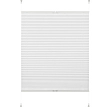 Store plissé blanc, tendu, avec rails supérieur et inférieur et poignées de réglage pour la protection visuelle et solaire.