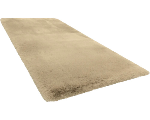 Weicher Hochflor-Teppich in Beige, rechteckige Form, flauschige Oberfläche.