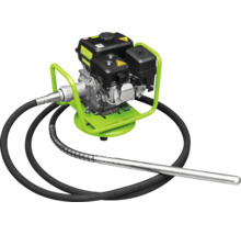 Benzin-Betonrüttler mit Motor, Schutzrahmen, flexiblem Schlauch und Rüttelflasche.