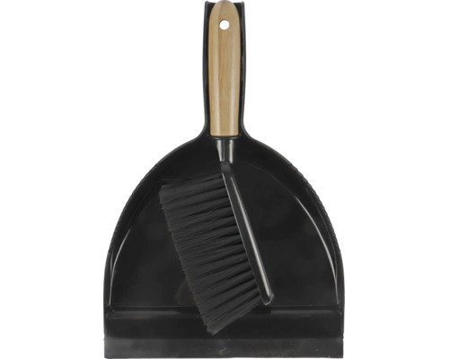 Pelle à poussière avec balayette à manche en bois pour le nettoyage des petites surfaces.