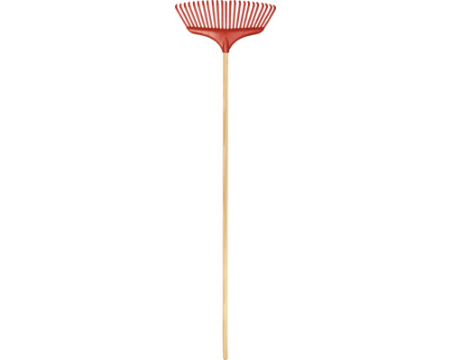 Râteau à feuilles avec tête en éventail en plastique et manche en bois pour le jardinage