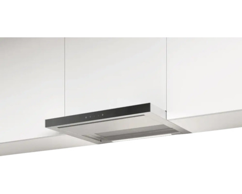 Flachschirm-Dunstabzugshaube mit Touch-Bedienfeld und LED-Beleuchtung, montiert unter einem Küchenoberschrank.