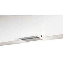 Hotte télescopique encastrée dans un meuble haut de cuisine blanc.