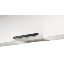 Hotte aspirante encastrable avec panneau de commande noir installée sous des meubles de cuisine blancs.