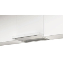 Hotte aspirante plate intégrée dans les éléments hauts avec un design moderne et un éclairage.