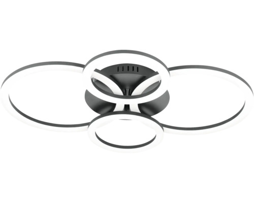 Plafonnier LED moderne avec quatre anneaux lumineux circulaires et ovales s'entrecroisant sur un socle sombre.