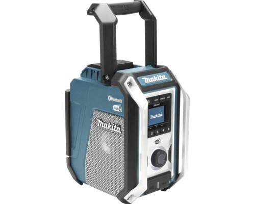Radio de chantier robuste avec Makita Logo, Bluetooth, DAB plus, poignée de transport et écran numérique.